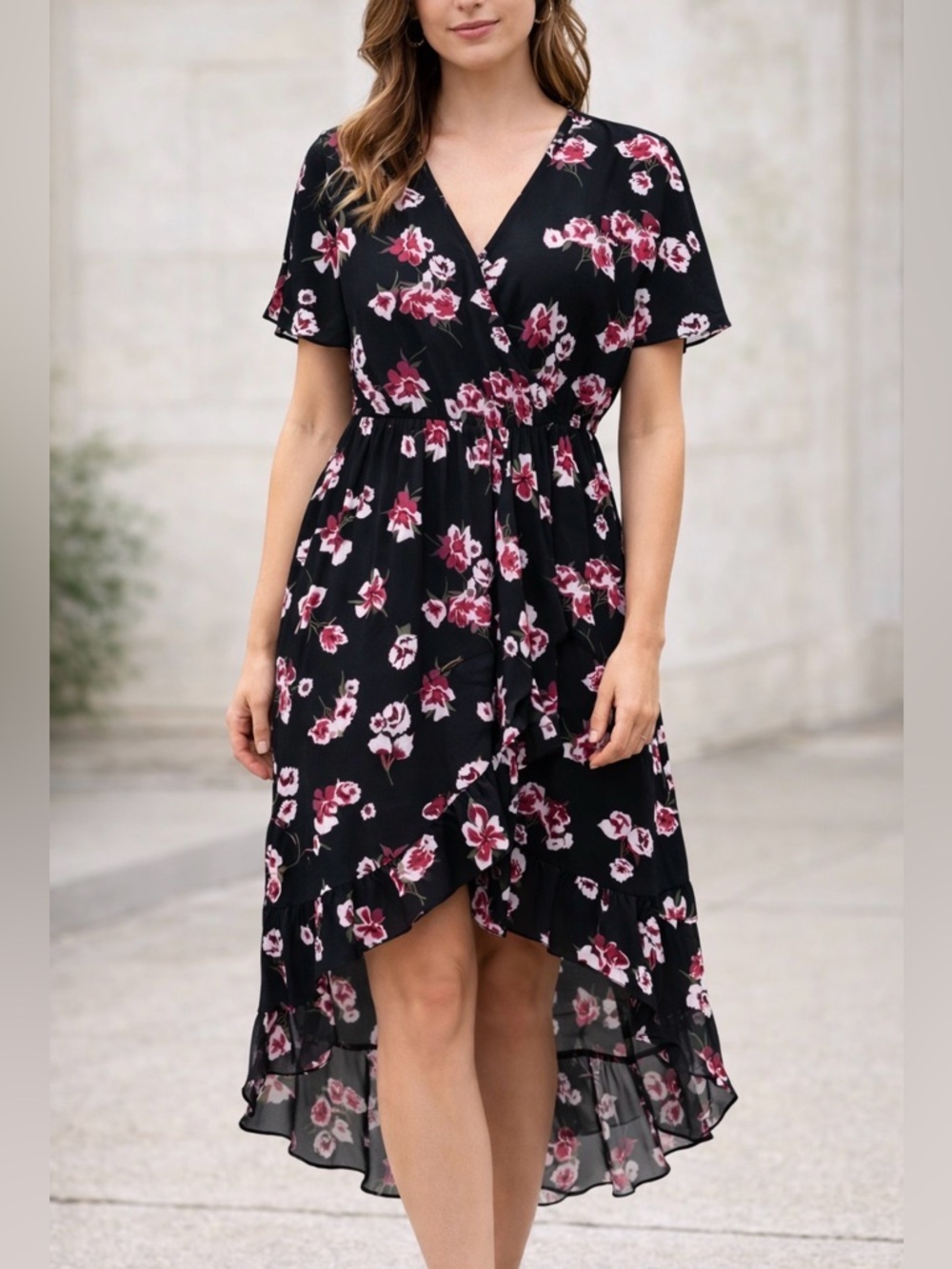 J Crew Hi-Lo Navy Floral Ruffle Faux Wrap Short Sleeve Midi Dress M DC2